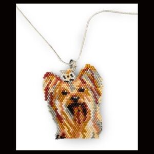 Hand Crafted Beaded Yorkie Pendant Necklace brown and Yellow - 24” silver chain